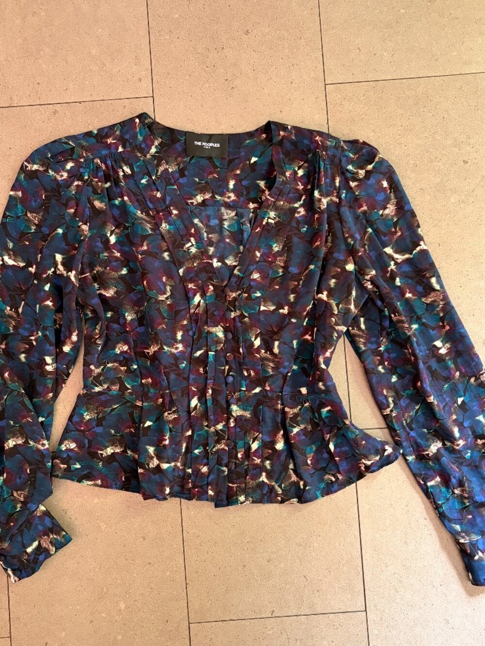 The Kooples Crepe Pleated Top Blouse in Neon Purple Teal Flowers-XS